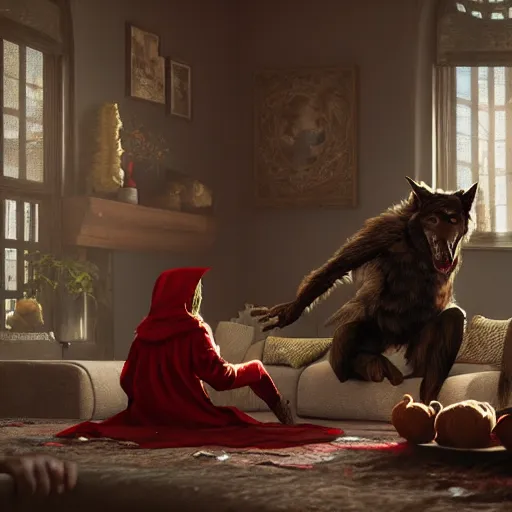 Prompt: werewolf and red riding hood talking in grandma’s living room, 3d scene, render, ultra realistic, zenith view, Greg Rutkowski, artstation, cgsociety, unreal engine, 3d scene, render, ultra realistic