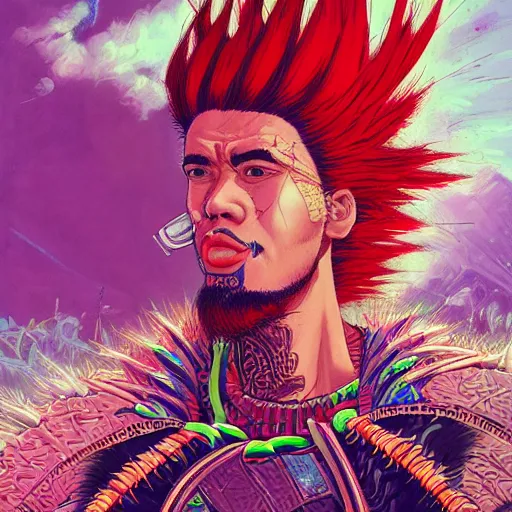 Prompt: portrait painting of a maori street samurai with spiky red hair, cyberpunk, glitchwave, vaporwave, sharp focus, award - winning, trending on artstation, masterpiece, highly detailed, intricate. art by josan gonzales and moebius