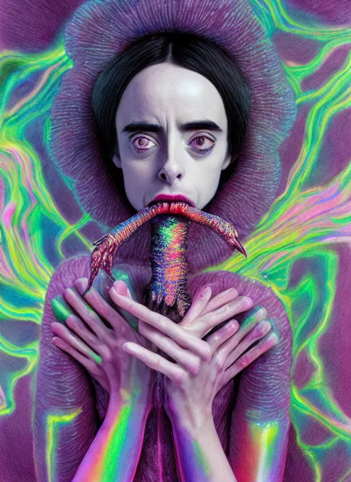 Prompt: hyper detailed 3d render like a chiaroscuro - kawaii portrait (astronaut queen, suit, chrome skeksis, porcelain forcefield, looks like Krysten Ritter) Eating Strangling network of charcoal aerochrome watercolor and milky Fruit and His delicate Hands hold gossamer polyp nun bring iridescent fungal flowers