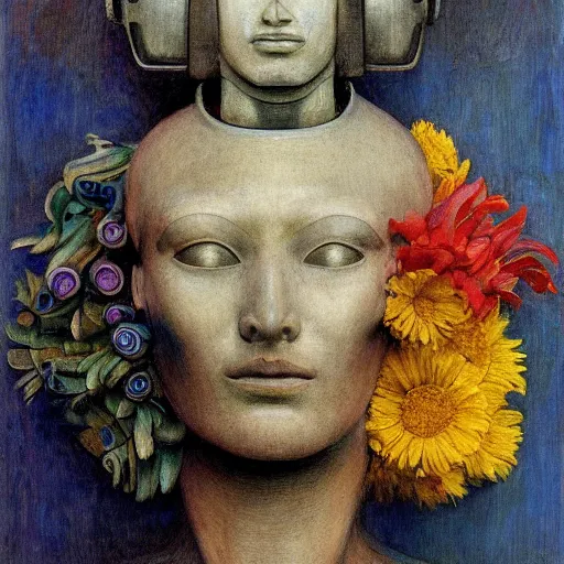 Image similar to masterpiece painting of the head of a robot wearing a mask made of flowers, by annie swynnerton and diego rivera and jean delville, flower mask, symbolist, dramatic lighting, god rays, elaborate geometric ornament, art brut, soft cool colors, smooth, sharp focus, extremely detailed, adolf wolfli