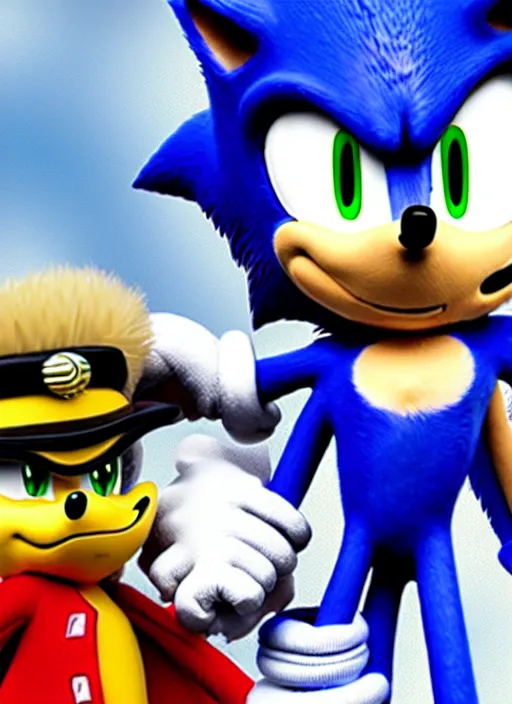 Image similar to sonic the hedgehog and jotaro kujo from jojo's bizarre adventure hanging out, photorealistic