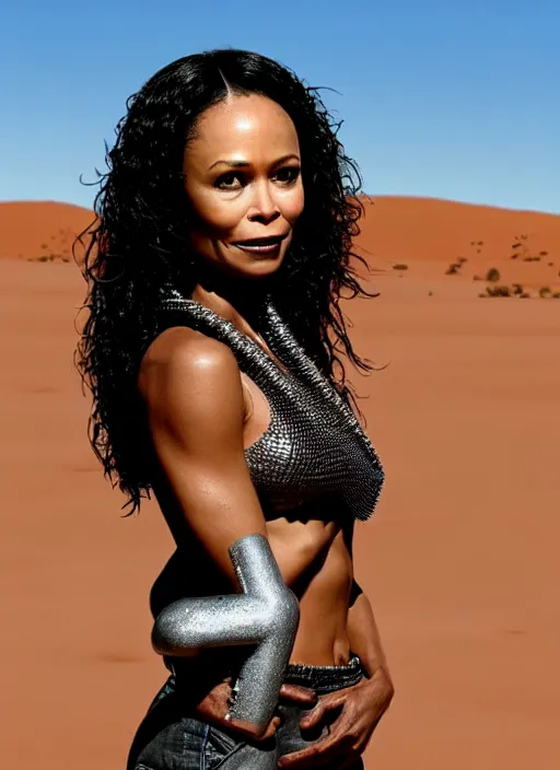 Image similar to thandiwe newton with a metal body in a desert, photorealistic, 8 k hd resolution