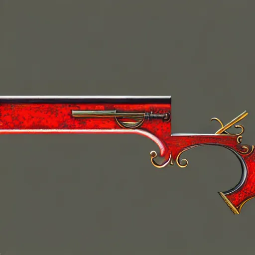 Image similar to a magical antique sawed - off double - barreled shotgun made from glossy red - painted wood and elements of gold metalwork, video game concept art