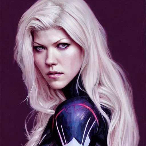 Image similar to beautiful Katheryn Winnick as Spider-Gwen, western, closeup, D&D, fantasy, intricate, elegant, highly detailed, digital painting, artstation, concept art, matte, sharp focus, illustration, art by Artgerm and Greg Rutkowski and Alphonse Mucha