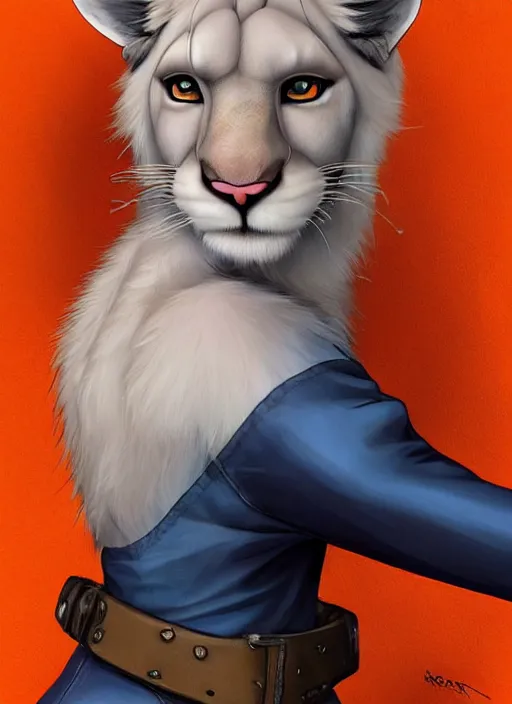 Prompt: award winning beautiful portrait commission of a male furry anthro albino mountain lion fursona with a tail and a cute beautiful attractive detailed furry face wearing stylish blue and orange rockstar clothes in a cyberpunk city at night while it rains. Character design by charlie bowater, ross tran, artgerm, and makoto shinkai, detailed, inked, western comic book art
