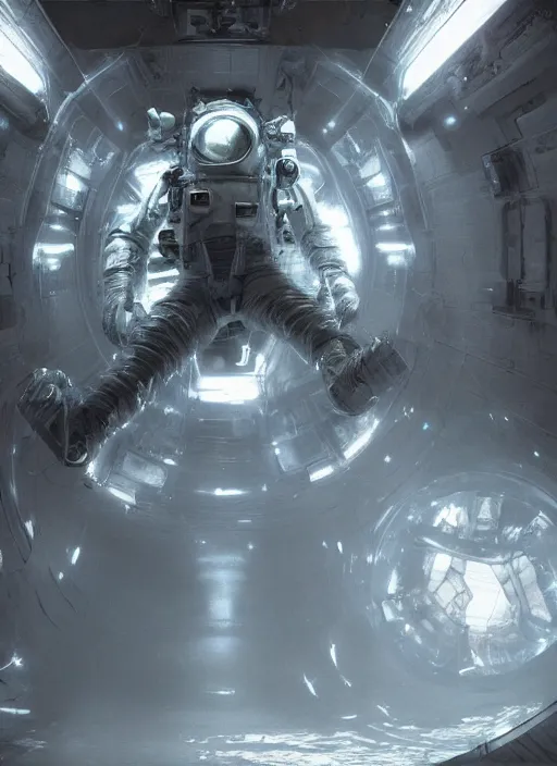 Image similar to concept art by craig mullins astronaut in futuristic dark and empty spaceship underwater. infrared glowing lights. complex and hyperdetailed technical suit. reflection and dispersion materials. rays and dispersion of light. volumetric light. 5 0 mm, f / 3 2. noise film photo. flash photography. unreal engine 4, octane render. interstellar movie art