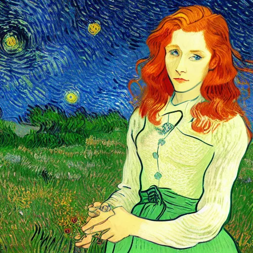 Image similar to sharp, intricate fine details, breathtaking, digital art portrait of a red haired girl with long hair and green eyes softly smiling in a dreamy, mesmerizing scenery with fireflies, art by vincent van gogh