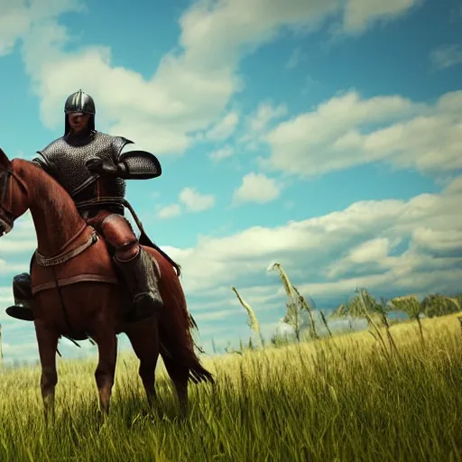 Image similar to knight riding a horse in a field, full 8 k highly detailed unreal engine 5 render