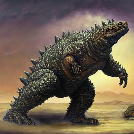 Image similar to realistic painting of a tardigrade kaiju, godzilla, by james gurney