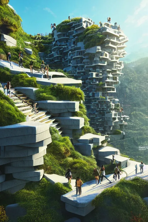 Prompt: photo of an awesome sunny day environment concept art on a cliff,, architecture by kengo kuma with village, residential area, mixed development, highrise made up staircases, balconies, full of clear glass facades, cgsociety, fantastic realism, artstation hq, cinematic, volumetric lighting