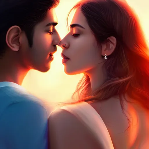 Image similar to theatrical press release ; indian young male and female couple sharing one heart ; stunning digital artwork by artgerm ; cinematic movie pose ; photorealistic, hyperrealistic, dramatic soft rim light ; highly detailed ; face by wlop ; trending on artstation ; cinematography from music video ; symmetrical, high coherence