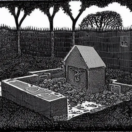 Prompt: The print shows a grave that has been flooded with water. The grave is located in a cemetery in Italy. The water in the grave is dirty and there is trash floating in it. The grave is surrounded by a fence. 1990s by Genndy Tartakovsky offhand, curvaceous