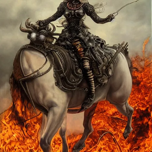 Image similar to a hyperrealistic painting of a beautiful woman with demonic horns wearing steampunk goggles, riding a horse into the fires of hell, by santiago caruso, highly detailed,