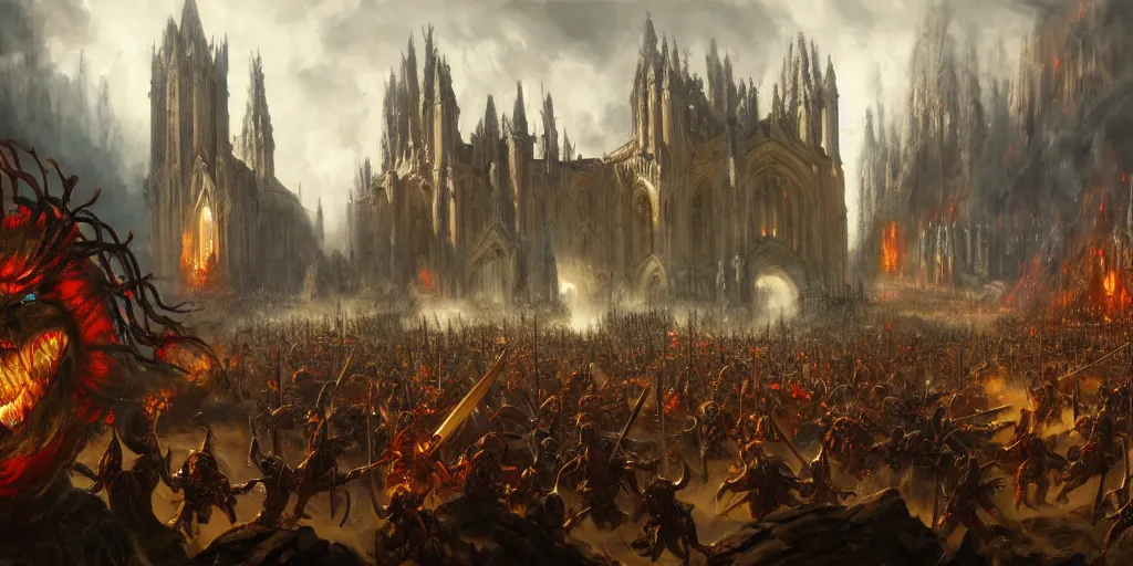 Image similar to highly detailed portrait painting of an ancient gods war battle, abbey warhammer battle, old abbey in the background, character in the foreground, cathedrals, giant columns, arcane magic summoning by liang xing, 8 k resolution