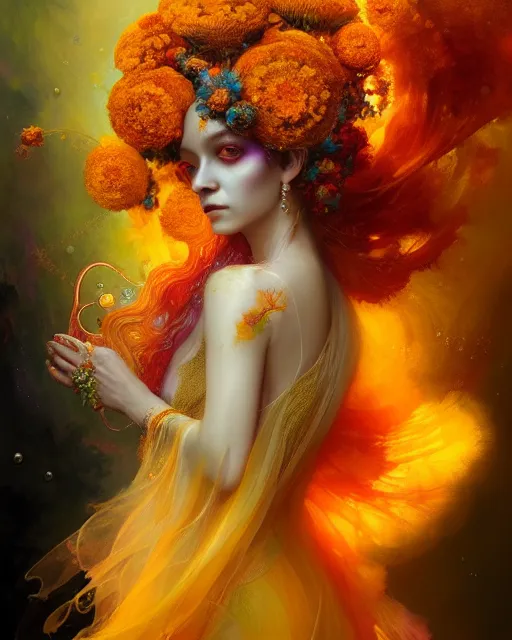 Image similar to Full View Portrait Mystical ethereal marigold deity wearing beautiful dress, marigold Dryad, 4k digital masterpiece by Anna dittman and Ruan Jia and Alberto Seveso, fantasycore, Hyperdetailed, realistic oil on linen, soft lighting, marigold background, featured on Artstation