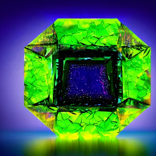 Prompt: an extremely high quality octane render of a crystallised cybertronic cyberpunk massive dichroic gemstone made of kryptonite ruby moldavite petalite specimen, blue, glittering, highly detailed, highly polished, reflective, specular, complimentary colors, 8 k, hd photo, reflections, shimmering, sharp edges, crisp, deep water colors