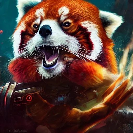 Image similar to red panda as warhammer 4 0 0 0 0 character, digital illustration portrait design, by android jones and greg rutkowski, retrowave color scheme, detailed, cinematic lighting, wide angle action dynamic portrait