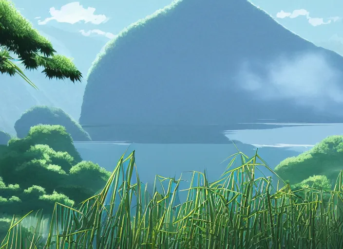 Image similar to misty japanese bamboo forest, lake foreground, large distant mountain, waterfall!!!!!, sunny, cartoony, stylized anime, sun rays, soft, moody lighting, by hayao miyazaki, ghibli studio, makoto shinkai, toei animation, studio trigger, trending on artstation, 4 k, hd