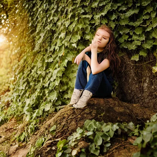 Image similar to , a girl covered in vines sitting on a rock 5 0 mm lens, f 1. 4, sharp focus, ethereal, emotionally evoking, head in focus, volumetric lighting, blur dreamy outdoor,