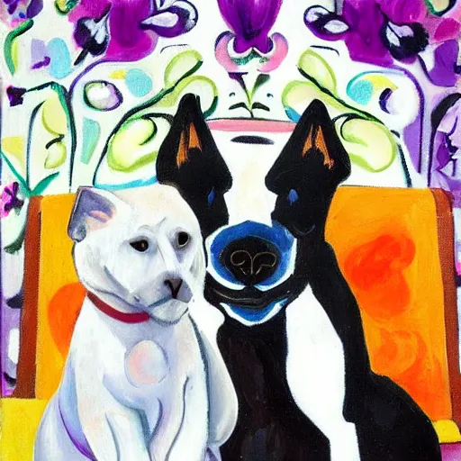 Prompt: beautiful portrait of a white dog and a black cat by charles camoin