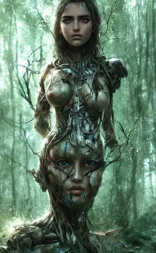 Image similar to a cyborg forest nymph in an ancient forest, ana de armas, flawless symmetrical pretty cute face, greg rutkowski, 8 k, shallow depth of field, intricate detail, concept art,