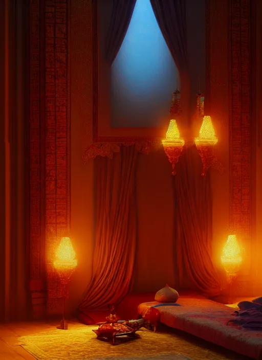 Image similar to beautiful interior of an arabian nights bedchamber, orientalism style, delphin enjolras, goro fujita, makoto shinkai, volumetric lighting, exquisite lighting, octane render, trending on artstation