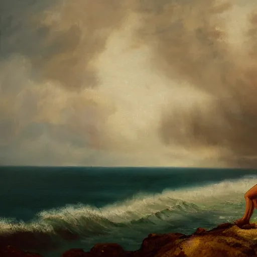 Image similar to A painting of a girl standing on a mountain looking out an approaching storm over the ocean, wind blowing, ocean mist, oil painting