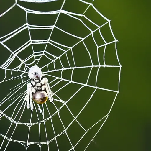Prompt: a glass spider in a metallic web