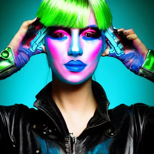 Prompt: Portrait of a beautiful cyberpunk android, blue lipstick, fluorescent pink face paint, bright green hair, metallic cyan bodysuit