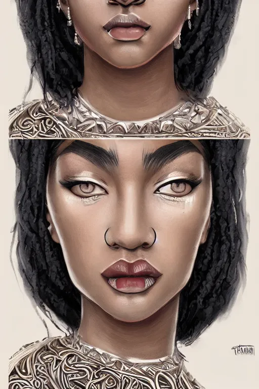 Image similar to A bust of a beautiful black skinned Maori girl with large lips and smooth eyebrows and straight hair, HD, illustration, epic, fantasy, intricate, elegant, amazing detail, digital painting, artstation, concept art, smooth, sharp focus, illustration, art by Turine Tran