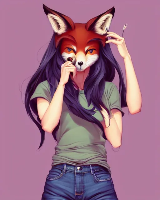 Image similar to fullbody portrait of wild half - fox woman with fox nose and ears, wearing summer jeans shorts and tshirt, anime art, concept art, detailed attractive face with fox nose and fox mouth, symmetrical, trending on pixiv, by lois van baarle by sung choi by john kirby artgerm style pascal blanche and magali villeneuve