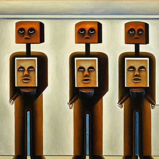 Image similar to three brutalist giant sacred robots visage, portrait, judge, cathedral, dystopian, pj crook, edward hopper, oil on canvas