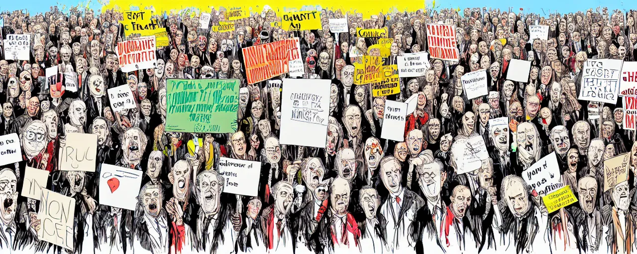 Image similar to an illustration of a crowd of very ordinary protestors with signs, front angle, by ralph steadman, illustration, ink splatters, pen and ink, flat color, colorful drawing, facing front, anatomically correct, beautiful perfect face, sharp focus, highly detailed, cinematic lighting, 8 k, hd