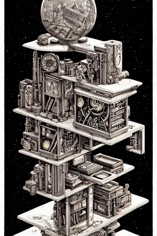 Image similar to a majestic steampunk alchemists bookshelf, two point perspective, furniture, high details, bold line art, by vincent di fate and joe fenton, inking, etching, screen print, masterpiece, trending on artstation, sharp, high contrast, hyper - detailed,, hd, 4 k, 8 k