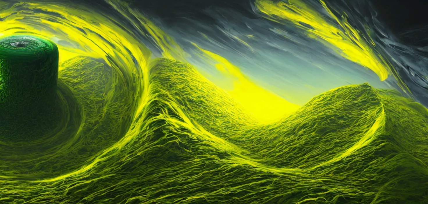 Image similar to a painting of a green and yellow swirl in the middle of a mountain, a computer rendering by mike winkelmann, shutterstock contest winner, nuclear art, tesseract, apocalypse art, concept art