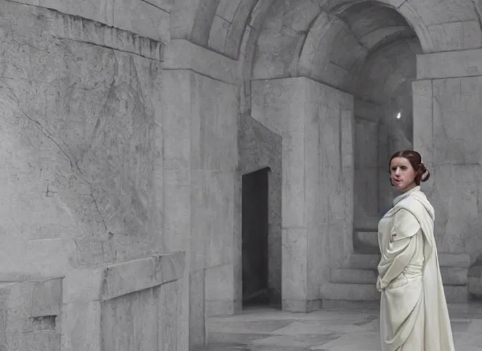 Image similar to portrait of Princess Leia alone at Jedi Temple scene from the last jedi, 2022, film by Stanley Kubrick, 4k serene, iconic , photoreal Carrie fischer, detailed stunning cinematography, hyper detailed, sharp, anamorphic lenses, kodak color film