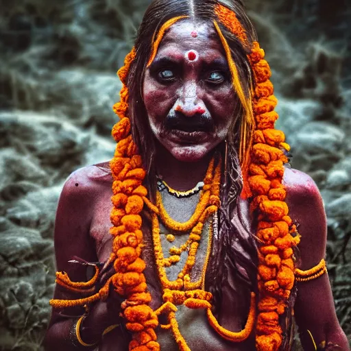 Image similar to realistic exposed expired fuji film portrait of aghori tantrik india woman, tentacled creature mix, marigold celestial vibe, hyperrealism, hypermaxiymalism, photorealistic, detailed, atmospheric, 8 k, award winning photography, cinematic