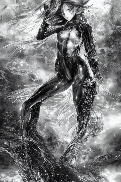 Image similar to a vertical portrait of a character in a scenic environment by Yoshitaka Amano, black and white, dreamy, cybernetic suit, wavy long black hair, highly detailed