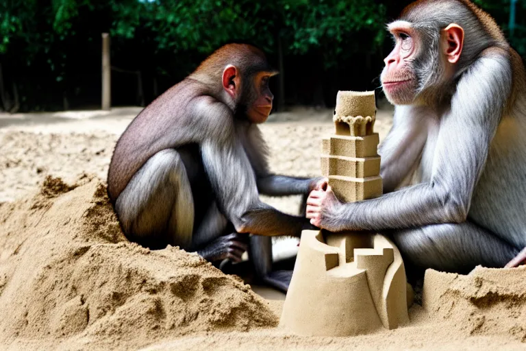 Image similar to a primate touching a completed sand castle