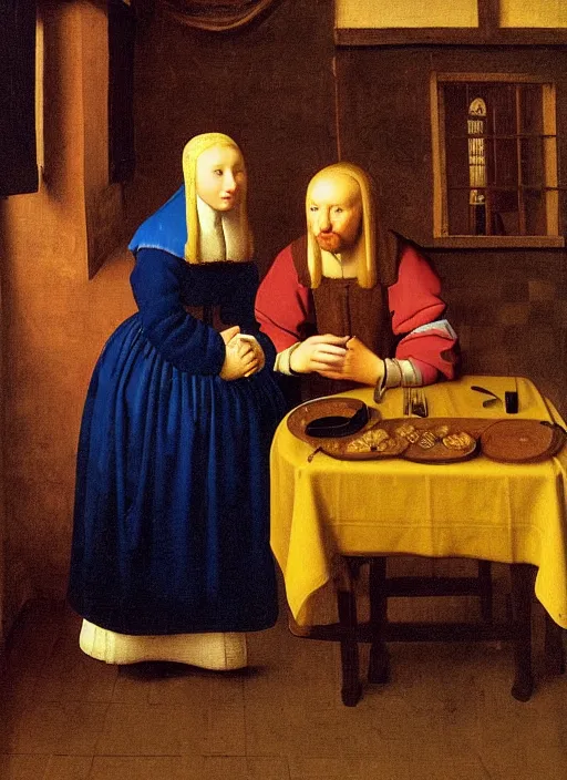 Prompt: evening, young man at the table with young pretty blonde girl at the crowded tavern in the evening. medieval painting by jan van eyck, johannes vermeer