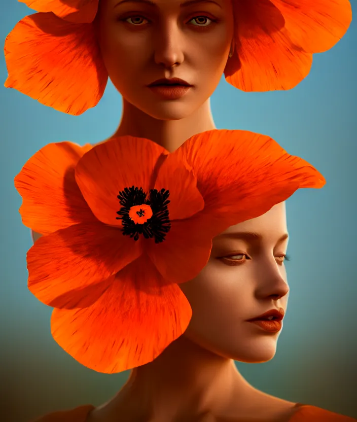 Image similar to a beautiful orange woman, symmetrical portrait, realistic, full body, red poppies, vine twist, rich details, nuclear sunset, 8 k, volumetric lighting, by wlop