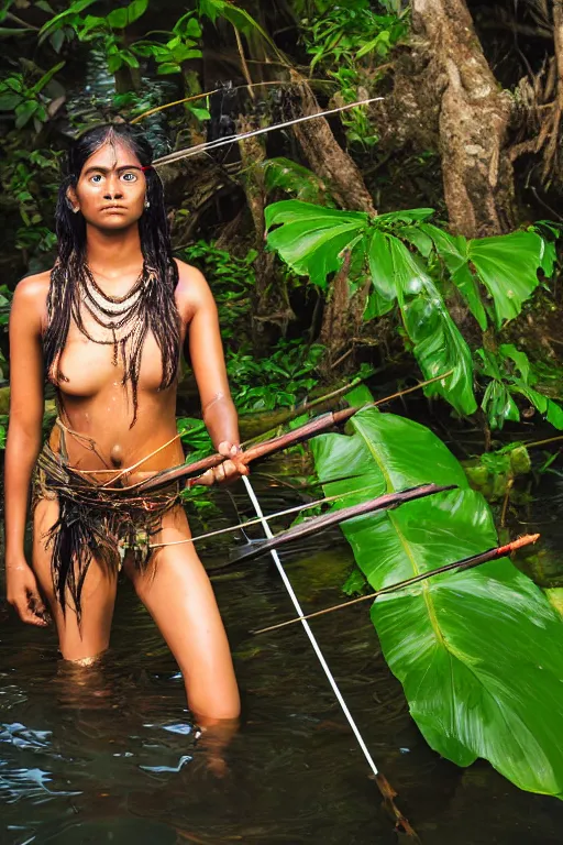 Prompt: a professional portrait photo of a sri lankan jungle woman, submerged in water, black hair, hunter, with bow and arrow, extremely high fidelity, natural lighting