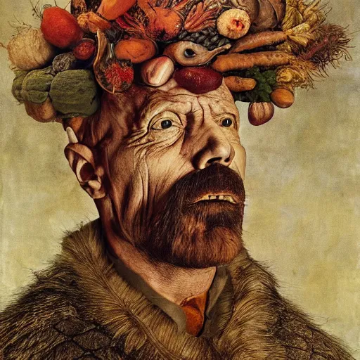 Image similar to giuseppe arcimboldo, walter white, new scifi movie, film still, seeds, legumes