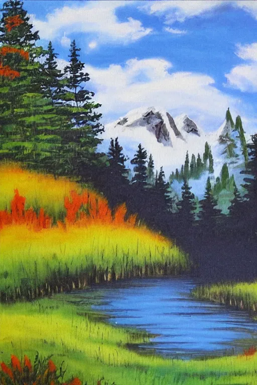 Image similar to a bob ross traditional landscape painting