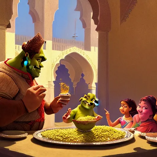 Prompt: shrek eats couscous with his family at a moroccan festival while everyone dances in joy, highly detailed, digital painting, artstation, concept art, sharp focus, illustration, art by greg rutkowski and alphonse mucha