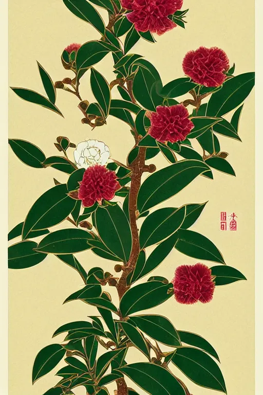 Prompt: camellia sinensis, symmetrical composition, medieval herbal. by victo ngai, jesper ejsing, laurie greasly