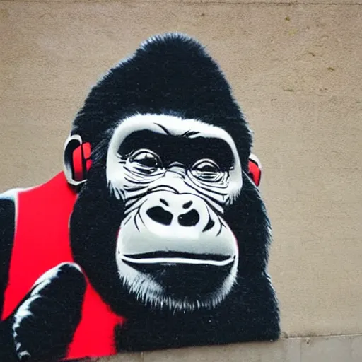 Prompt: gorilla wearing red headphones by banksy