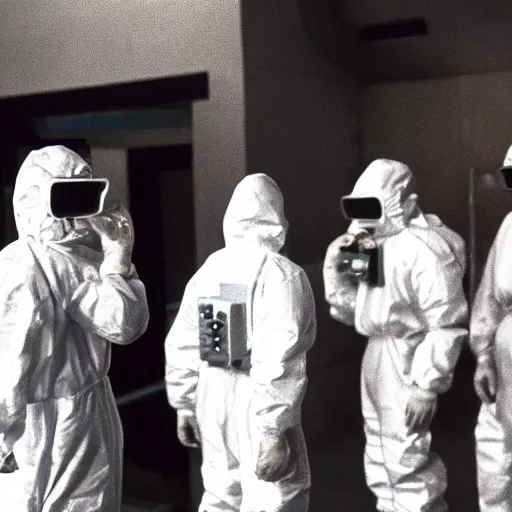 Image similar to a photo of men wearing hazmat suits, standing around a glowing machine, arriflex 3 5, film still