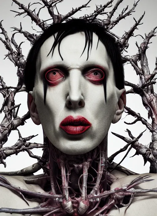 Prompt: portrait of Marilyn Manson with translucent skin, visible muscles and veins and arteries and bones and spines and nerves, beautiful detailed intricate insanely detailed octane render, 8k artistic photography, photorealistic, chiaroscuro, by David Cronenberg, Raphael, Caravaggio