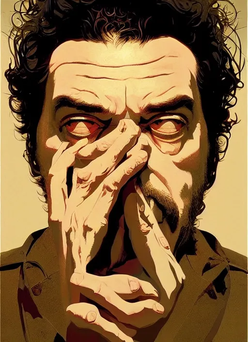 Image similar to poster artwork by Michael Whelan and Tomer Hanuka, Karol Bak of portrait of Stanley Kubrick film director, from scene from Twin Peaks, clean